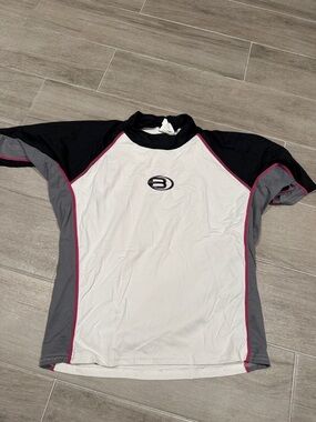 Men's White & Black Rash Guard Swim Shirt with Pink Trim